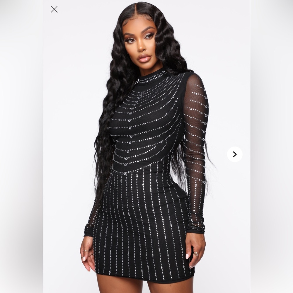 Fashion Nova Black and Silver Long Sleeve Mini Dress